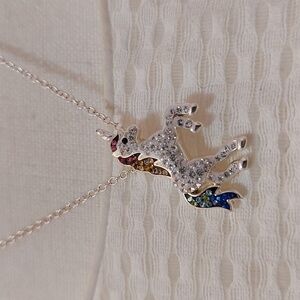 Magical Rainbow Unicorn Pendant Necklace Silver Plated Brass w/ Genuine Crystals